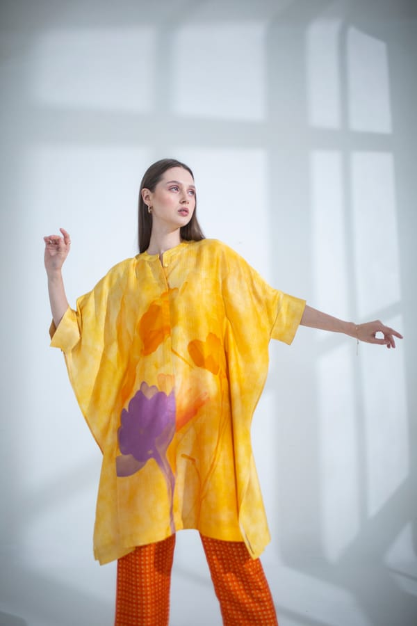 Yellow & Orange Asymmetric Kurta Set — CLOS