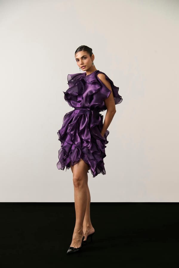 Purple Organza Ruffle Mini Dress with Waist Tie — Label IRIS
