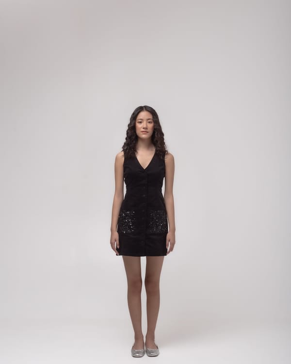 Black Corduroy Button-Front Mini Dress with Sequin Pockets — MAGIA