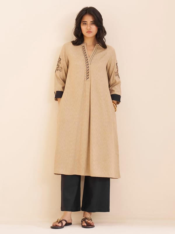 Classic Beige Viscose Blend Kurta with Contrast — Truly SMA