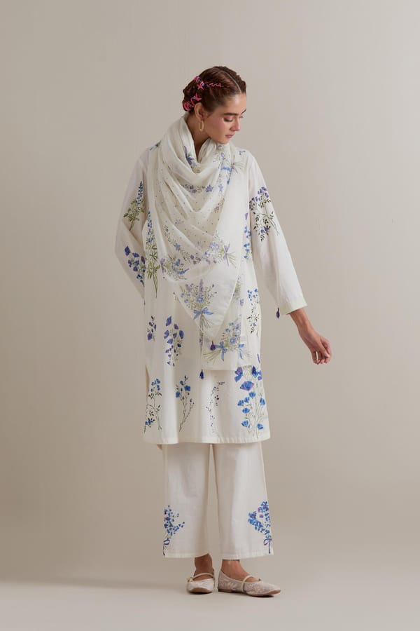 Off-White Floral Block Print Straight Kurta Set — Upavita