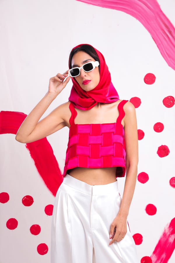 Hot Pink Crop Top and White Wide-Leg Pants Co-ord Set — Isha Sawhney