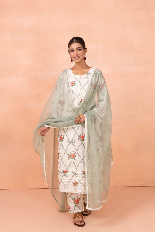 Grey Printed Straight Cotton Kurta Set with Dupatta — CHHIPA JAIPUR