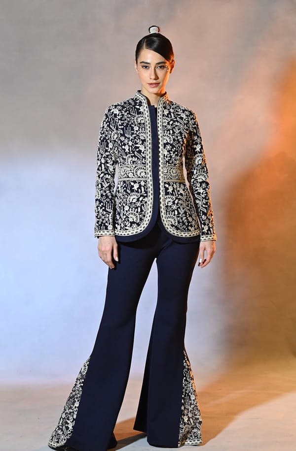 Blue Embroidered Peplum Jacket & Pant Set — OMBRELLO