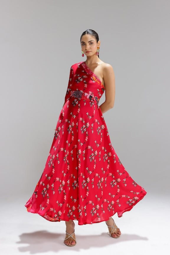 Hot Pink One-Shoulder Floral Maxi Gown — STUDIO SURBHI