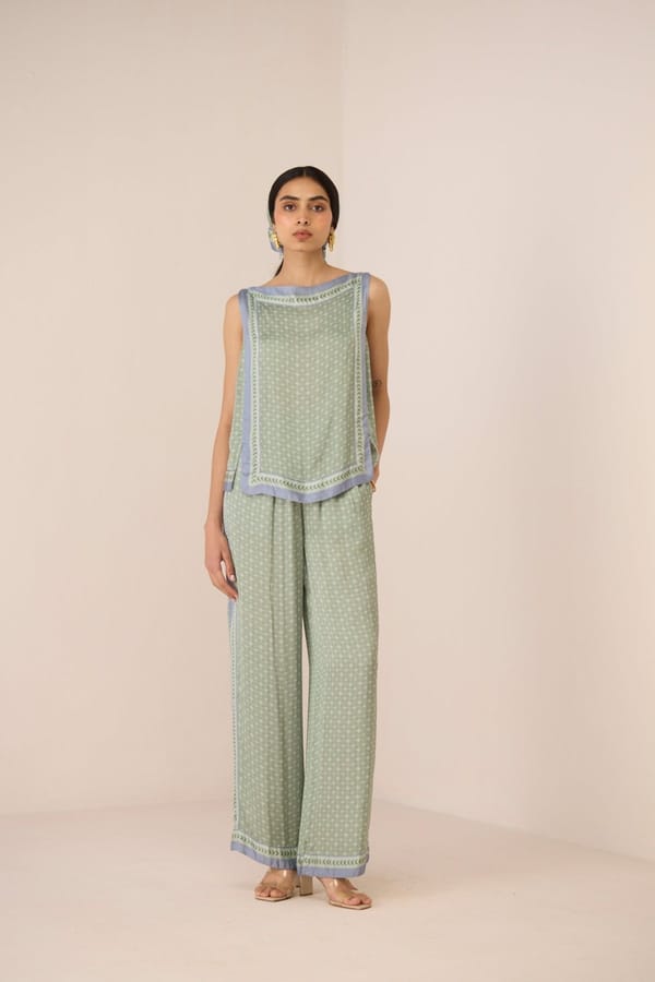 Sage Pearl Printed Wide-Leg Modal Trousers — Calling June