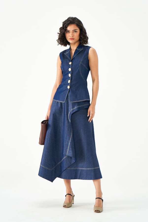 Blue Denim Waistcoat and Asymmetrical Midi Skirt Co-ord Set — NOTEBOOK