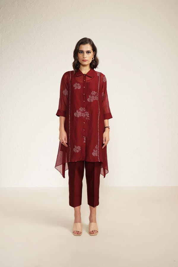 Burgandy Chanderi Shirt and Pants Co-ord Set with Slip — Arcvsh Pallavi Singh