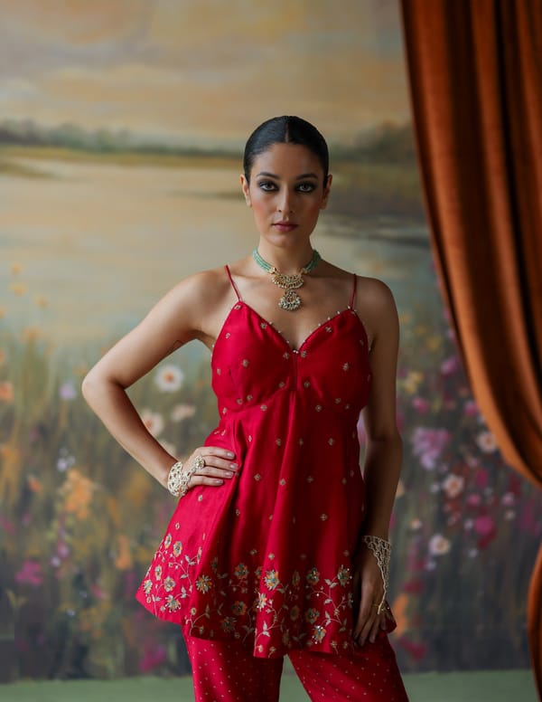 Scarlet Silk Chanderi Peplum and Wide-Leg Co-ord Set — Shikha Mehta