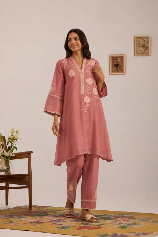 Tea Rose Side Floral Embroidered A-Line Kurta Set — Omi Clothing