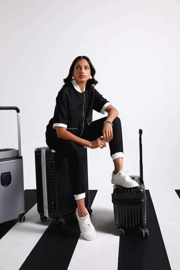 Black and White British Twill Co-ord Set with Chain Detail — Shivya K