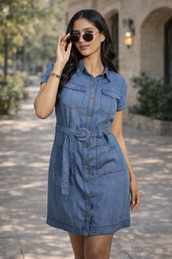 Blue Denim Button-Down Shirt Dress with Belt — Designs by Queen Bee