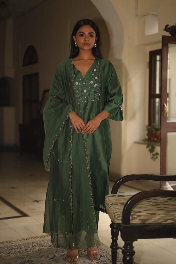 Bottle Green Chanderi Embellished Yoke Kurta Set — Tatwa Designs