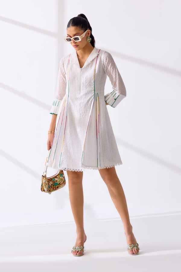 White Textured Fit and Flare Mini Dress with Zip Neck — Our Love