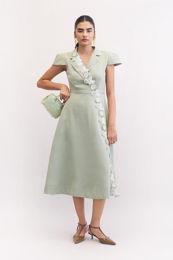 Light Olive Banana Crepe Midi Blazer Dress with Lace Panel — Our Love