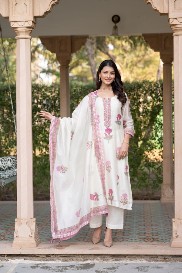 Off White Pink Mughal Block Print Chanderi Set — MAHEE JAIPUR