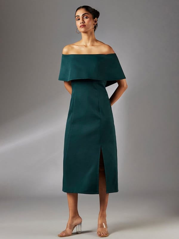 Ivy Off-Shoulder Midi Dress Banana Crepe — Notch Above