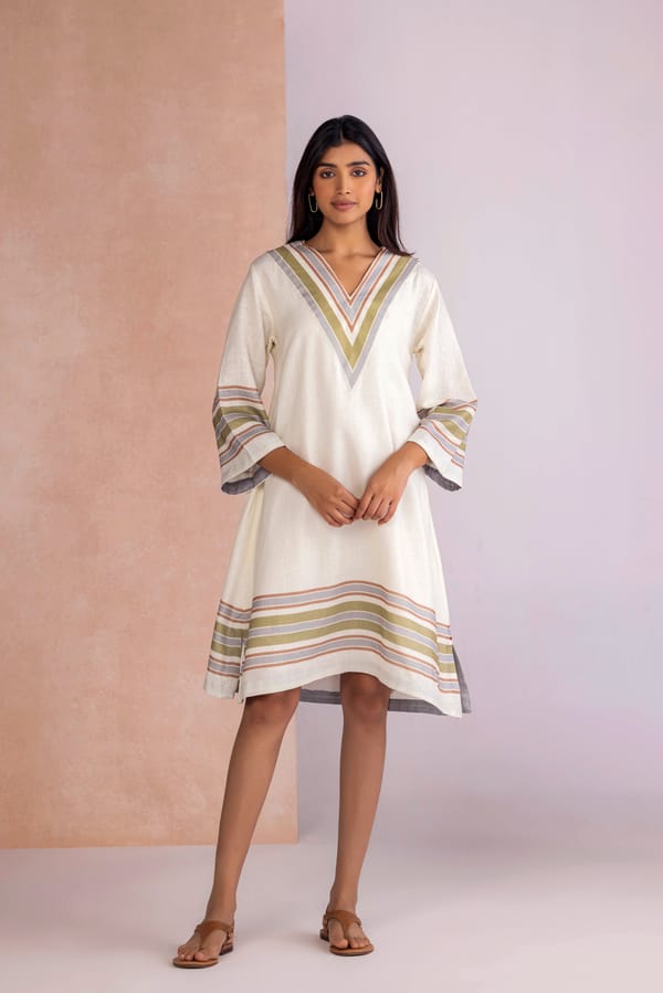 Earth Linen-Blend V-Neck Stripe Border Knee-Length Dress — Kaveri