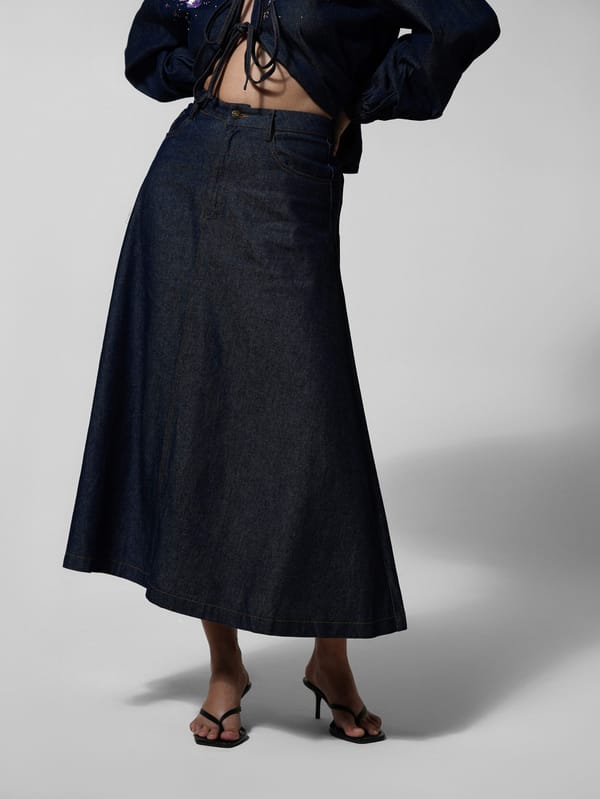Navy Denim A-Line Maxi Skirt — The Clothing Factory
