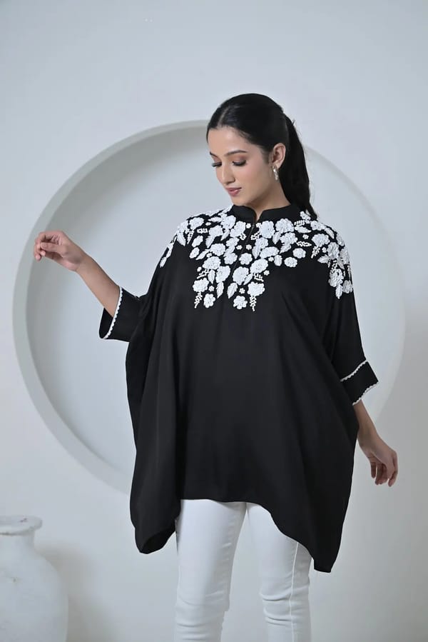 Black Satin Kaftan with White Yoke Embroidery — RUCHIKA MALLIKA LABEL