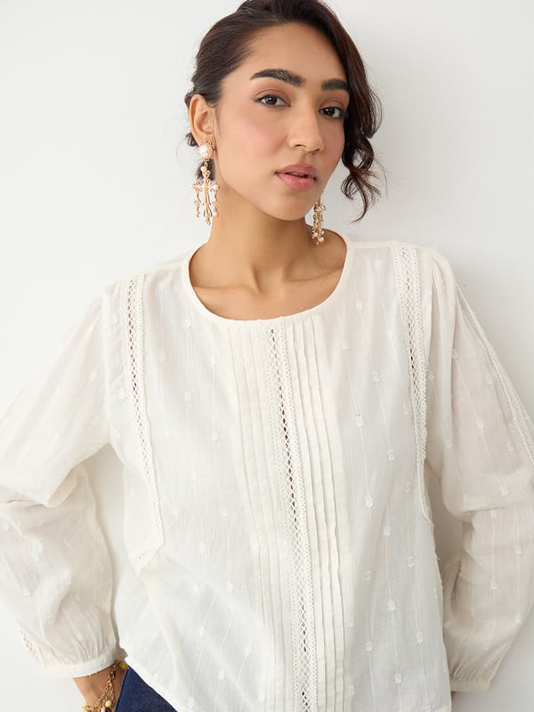 Off-White Lace Insert Pleated Front Top — Femmella