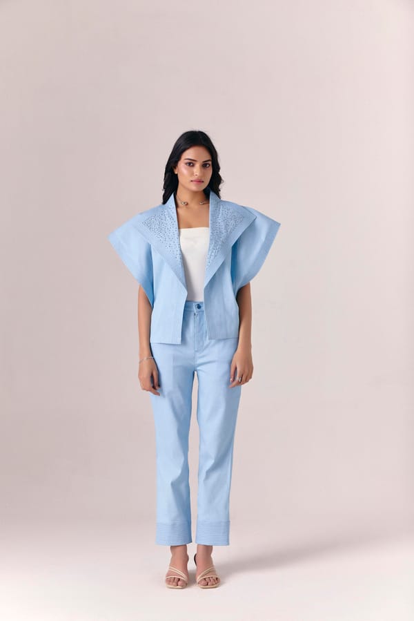 Light Blue Denim Jacket and Straight Pants Co-ord Set — Savaaya
