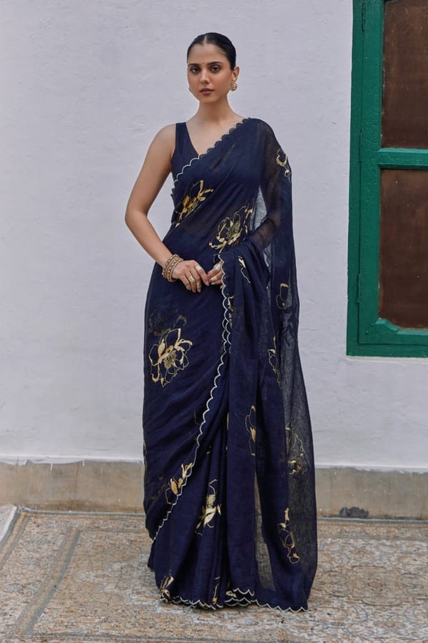 Black Linen Gauze Saree with Gold Floral Motifs — YELL