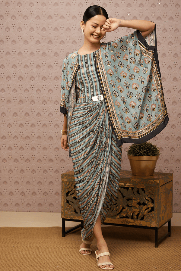 Sarouk Embroidered Drape Dress With Cape — SOUP by Sougat Paul