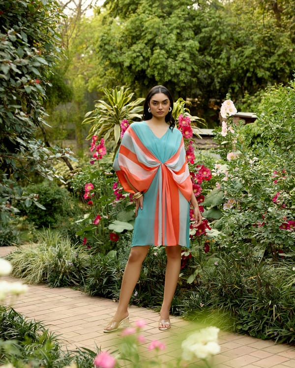 Multicolor Colorblock Kaftan Knee-Length Dress in Crepe — House of Soi