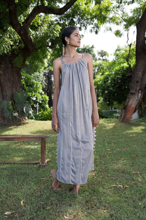Grey Tie-Up Strap Satin-Finish Maxi Dress with Side Buttons — ALTER NATIVE