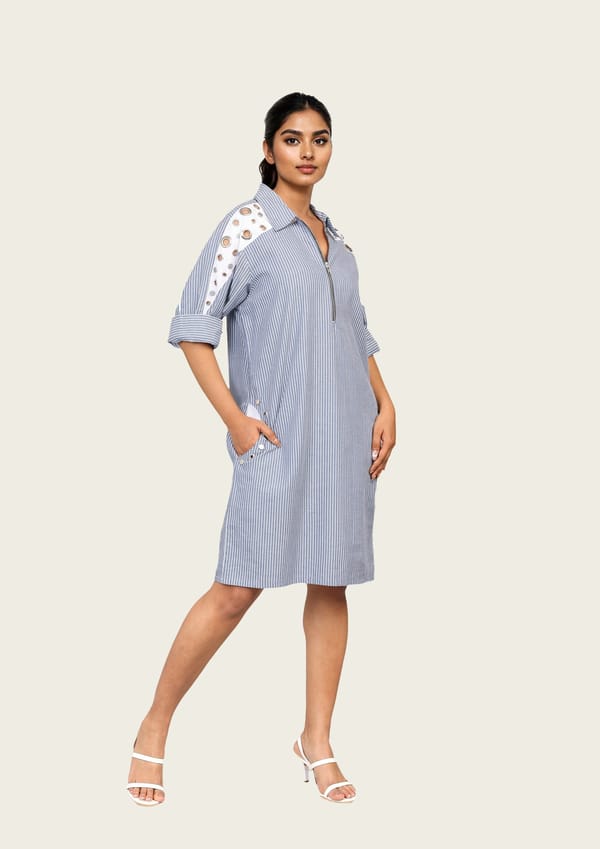 Blue and White Stripe One Piece Cotton Dress with Eyelets and Snap Buttons — Richa Goenka