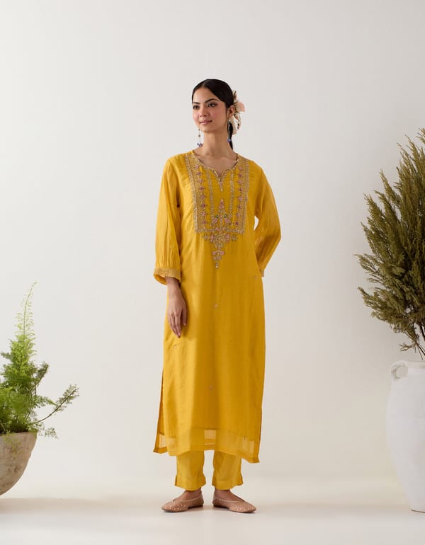 Mustard Embroidered Chanderi Kurta Set with Pants — Tatwa Designs