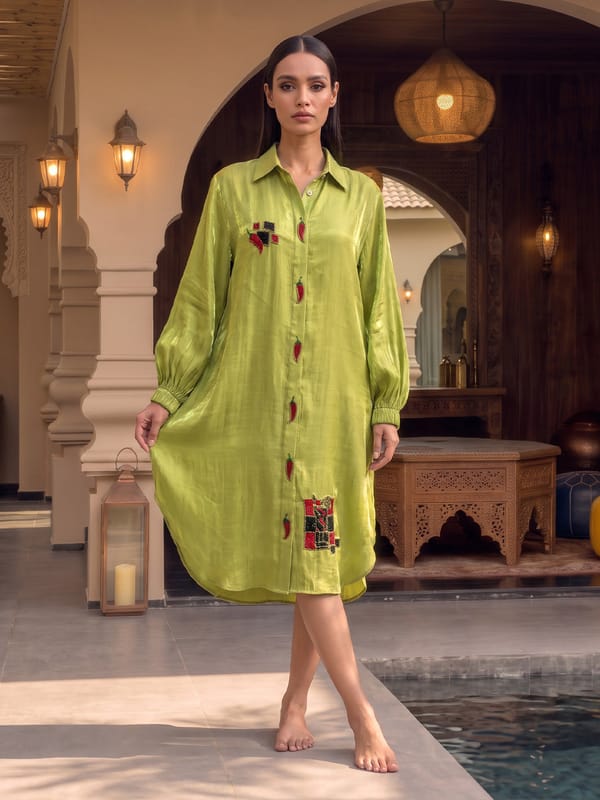 Acid Green Mul Satin Embroidered Midi Shirt Dress — HOUSE OF FETT