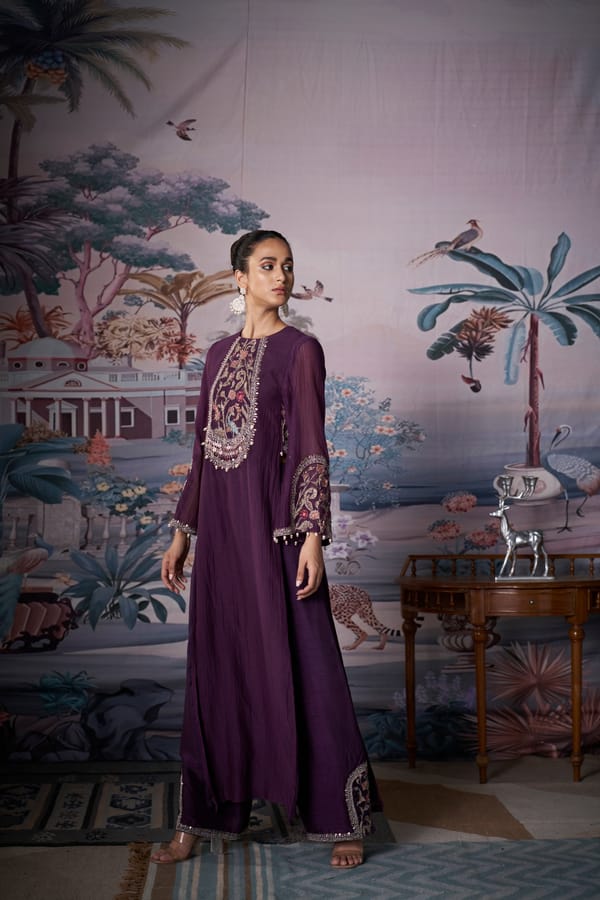 Purple Embroidered Yoke Straight Kurta Set — AMRTA BY GUNEET KONDAL