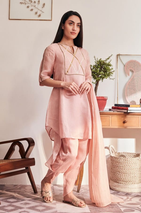 Peach Linen Flared Kurta with Gota Yoke Detail — YELL