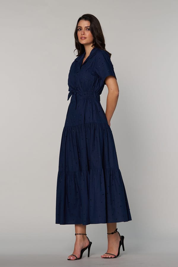 Navy Stud Embellished Tiered Maxi Shirt Dress — Style Island