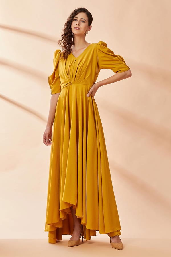 Mustard Yellow Drape Maxi Gown Dress with Angel Sleeves — Aakaar