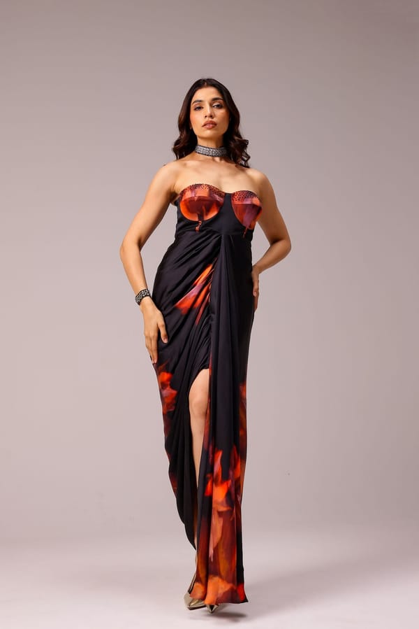 Black Strapless Draped Maxi Gown with Sienna Print — STUDIO SURBHI