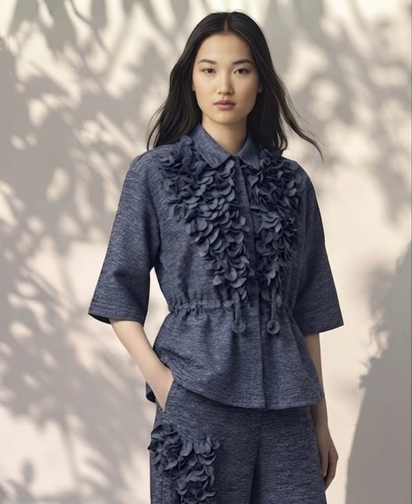 Denim Blue Collared Peplum Top with 3D Floral Appliqué — KIHIKI