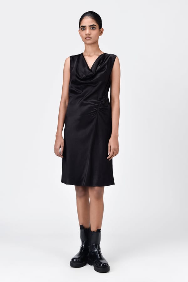 Black Heavy Satin Bias-Cut Cowl Neck Slip Dress — Genes Lecoanet Hemant