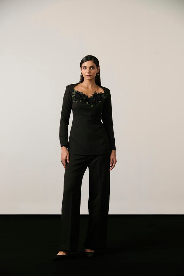 Black Embellished Peplum Top and Wide-Leg Co-ord Set — Label IRIS