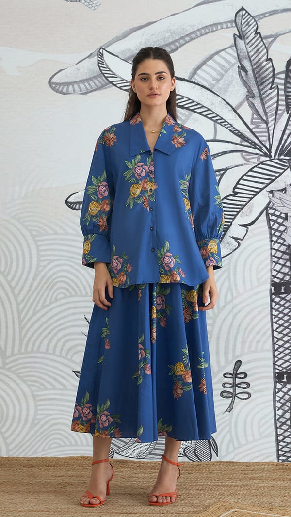 Flower Big Collar Shirt Blue Flower Skirt — SHIVANI BHARGAVA