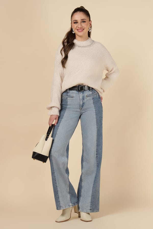 Beige Embellished Neck Pullover Sweater — LUSTRIN
