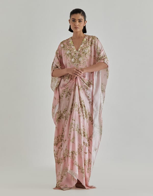 Pink Jardin Flou Printed Kaftan Embroidery — Kavita Bhartia