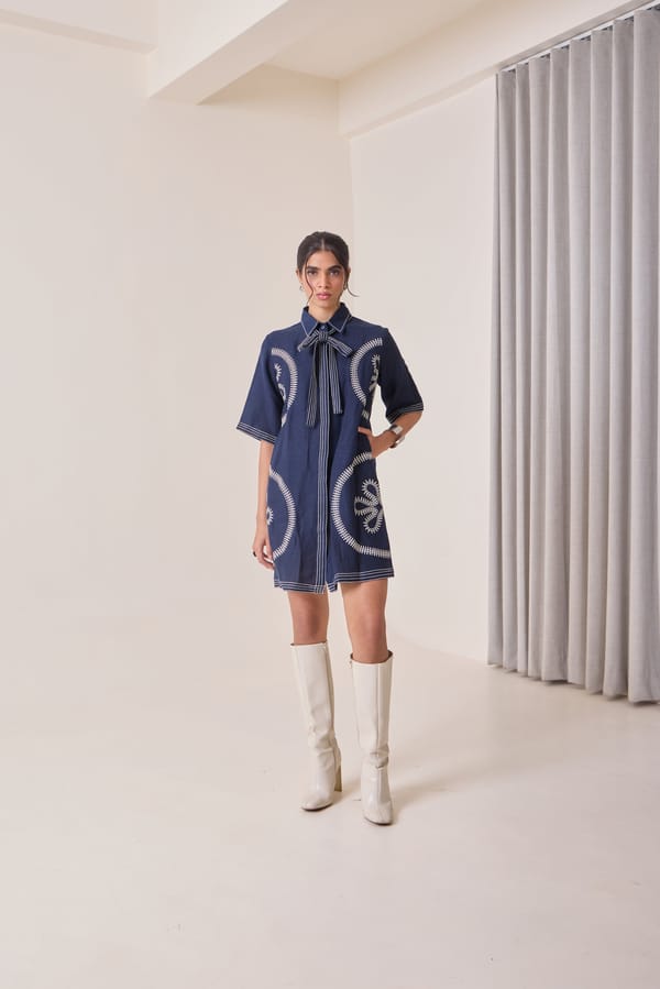 Navy Linen-Blend Embroidered Mini Shirt Dress — Needle Ten