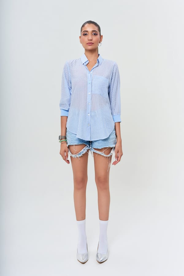 Airy Blue Striped Cotton Shirt with Silver Accents — KOR