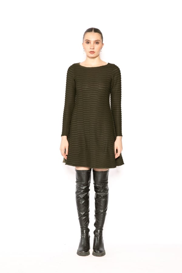 Green Textured Fit and Flare Mini Dress with Boat Neck — Contemponari