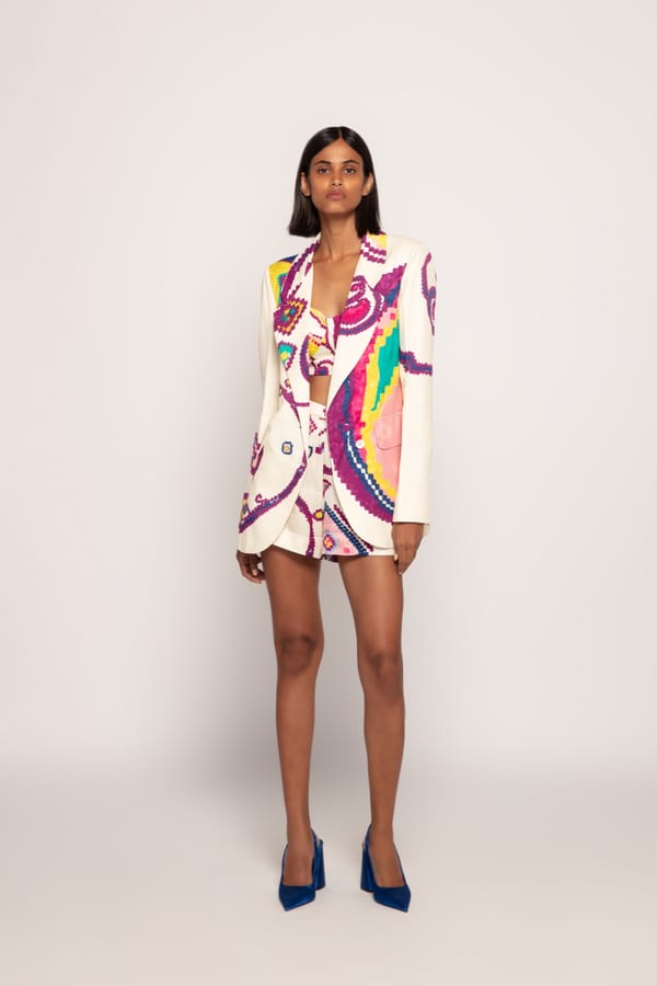 Ivory Satin Paisley Print Tailored Blazer — Saaksha and Kinni