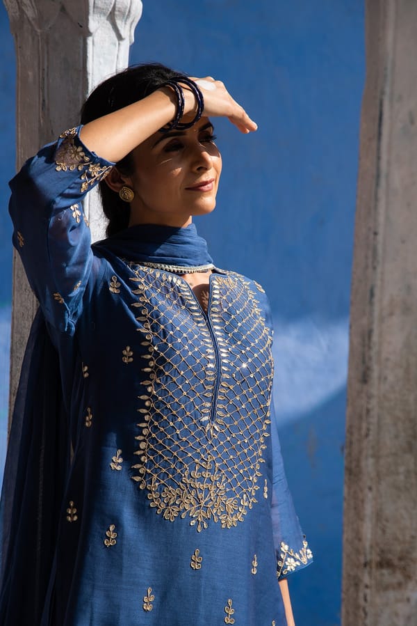 Poppy Cobalt Gota Work Blue Chanderi Suit Set — Kameez