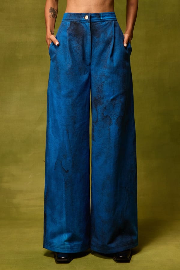 Blue Abstract Printed Wide-Leg Twill Trousers — Pocketful Of Cherrie